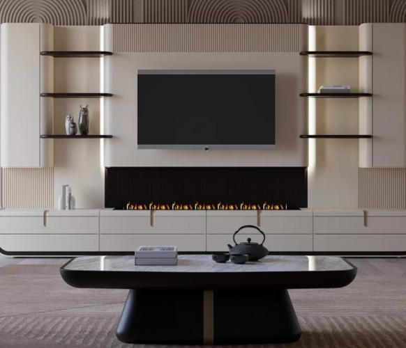Luxury Cream & Black TV Unit With Decorative Fire Place - Living room & hotel furniture by Luxury Group International