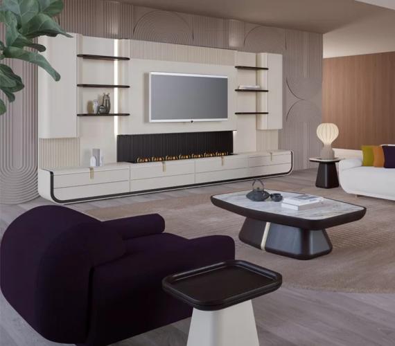 Luxury Cream & Black TV Unit With Decorative Fire Place - Living room & hotel furniture by Luxury Group International