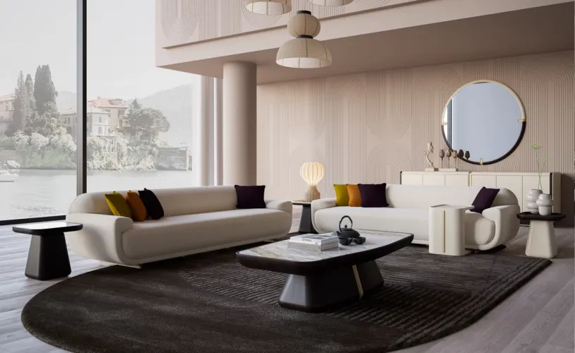 Luxury Cream Curved 3 Seater Designer Sofa - Luxury Sofa - Luxury Hotel Furniture Lifestyle View by Luxury Group International
