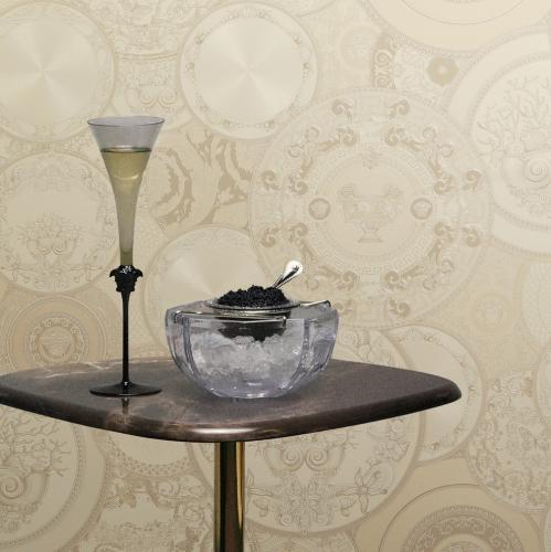 Versace golden Baroque Scroll Wallpaper with Metallic Medusa Plates by Luxury Group International