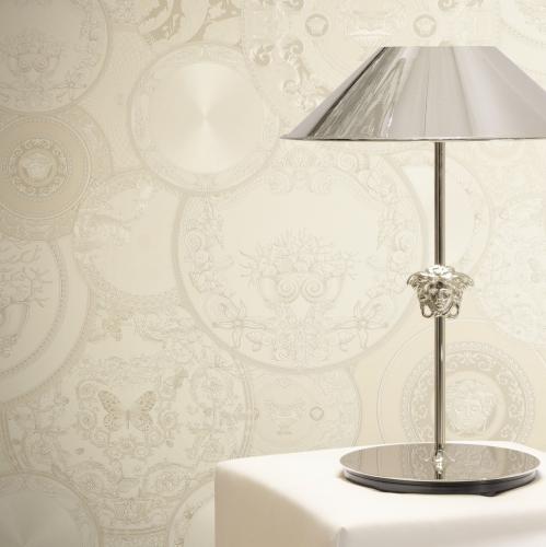 Versace golden Baroque Scroll Wallpaper with Metallic Medusa Plates by Luxury Group International