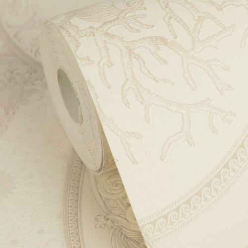 Versace golden Baroque Scroll Wallpaper with Metallic Medusa Plates by Luxury Group International
