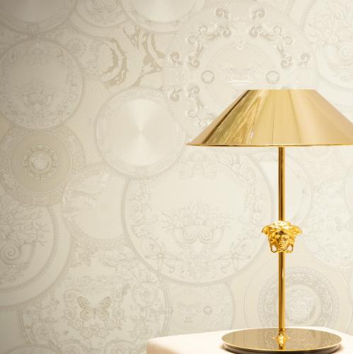 Versace golden Baroque Scroll Wallpaper with Metallic Medusa Plates by Luxury Group International