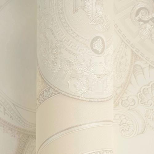 Versace golden Baroque Scroll Wallpaper with Metallic Medusa Plates by Luxury Group International