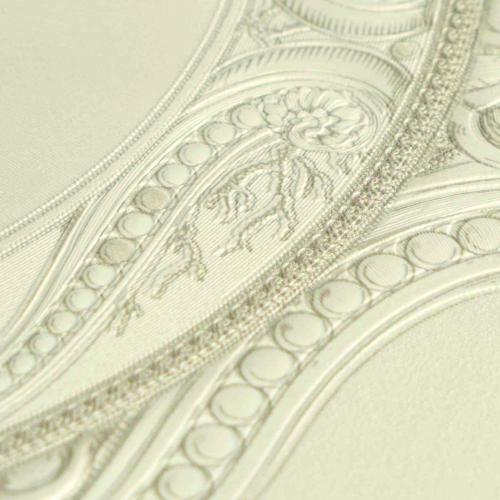 Versace Cream Embossed 3D Textured Baroque Scroll Wallpaper with Metallic Medusa Plates by Luxury Group International