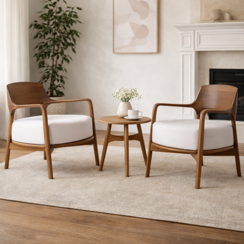 Luxury Cream Upholstered Armchair in Polished Wooden Frame with Curved Open Back by Luxury Group International