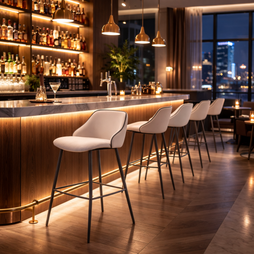 Luxury Cream Upholstered Bar Stool with Contrast Piping and Slim Steel Frame by Luxury Group International