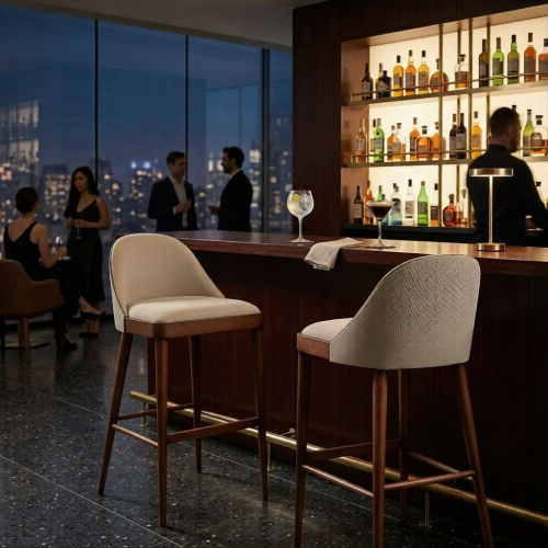Luxury Cream Upholstered Bar Stool with Curved Backrest in Wooden Frame by Luxury Group International