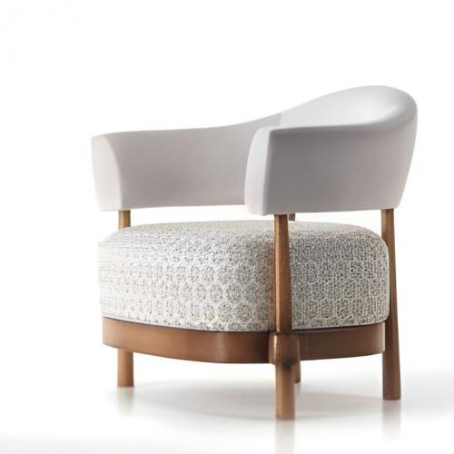 Luxury Cream Upholstered Barrel Armchair with Textured Seat in Polished Wooden Frame by Luxury Group International