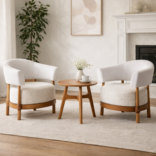 Luxury Cream Upholstered Barrel Armchair with Textured Seat in Polished Wooden Frame by Luxury Group International