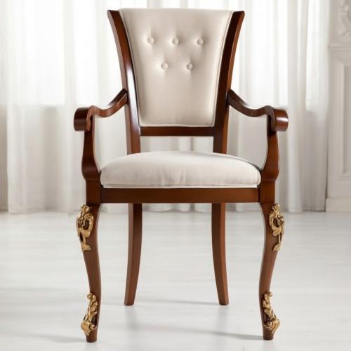 Luxury Cream Upholstered Dining Armchair with Button-Tufted Backrest & Gold Sculpted Wooden Legs Front View by Luxury Group International