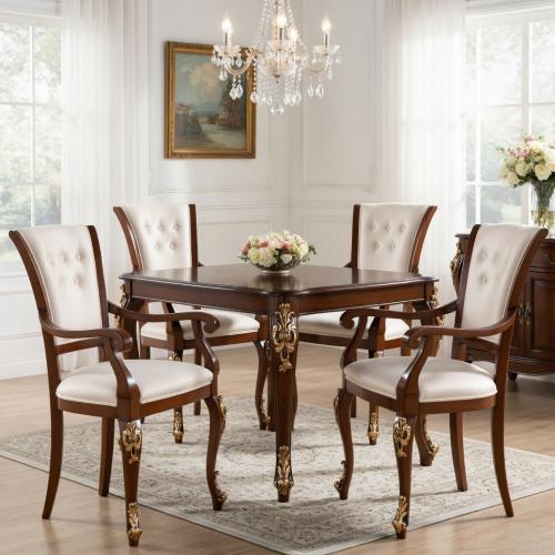 Luxury Cream Upholstered Dining Armchair with Button-Tufted Backrest & Gold Sculpted Wooden Legs Lifestyle View by Luxury Group International
