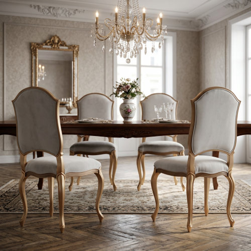 Luxury Cream Upholstered Dining Chair in Champagne Gold Frame with Cabriole Legs - Dining Room Furniture Lifestyle View by Luxury Group International