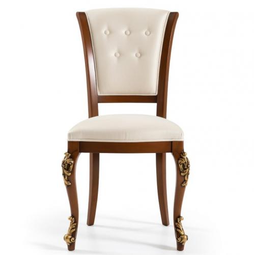 Luxury Cream Upholstered Dining Chair with Button-Tufted Backrest & Gold Sculpted Cabriole Wooden Legs Front View by Luxury Group International