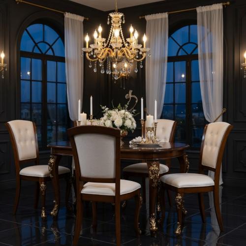 Luxury Cream Upholstered Dining Chair with Button-Tufted Backrest & Gold Sculpted Cabriole Wooden Legs Lifestyle View by Luxury Group International