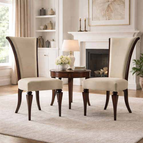 Luxury Cream Upholstered High-Back Dining Chair in Sculpted Walnut Wooden Frame - Dining Room Furniture Lifestyle View by Luxury Group International