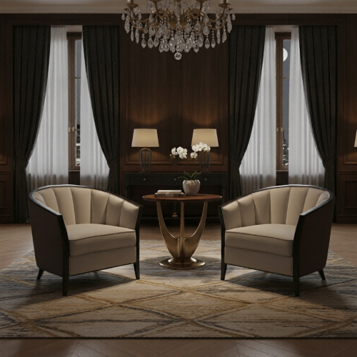 Luxury Cream Upholstered Tufted Barrel Armchair with Black Framed Silhouette by Luxury Group International