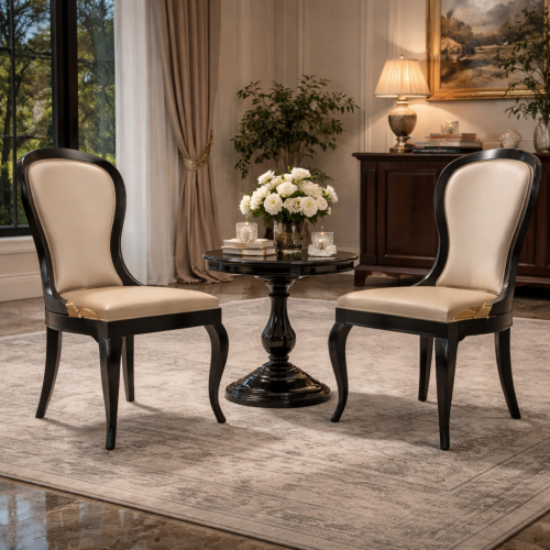 Luxury Cream Upholstered Wooden Dining Chair in Black Frame with Gold Accent Back Design - Dining Room Furniture Lifestyle View by Luxury Group International