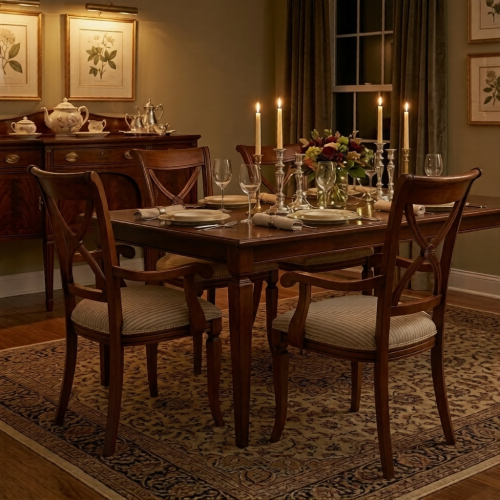 Luxury Cross-Back Wooden Dining Armchair with Striped Cream Upholstered Seat - Dining Room Furniture Lifestyle View by Luxury Group International