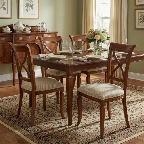Luxury Cross-Back Wooden Dining Chair with Striped Cream Upholstered Seat - Dining Room Furniture Lifestyle View by Luxury Group International