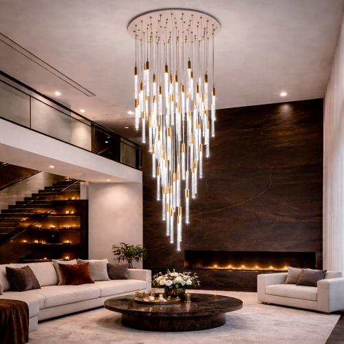 Lampada a Sospensione LED Multi Goccia in Cristallo Gel di Lusso con Finitura Dorata e Lampadario a Doppia Altezza di Luxury Group International