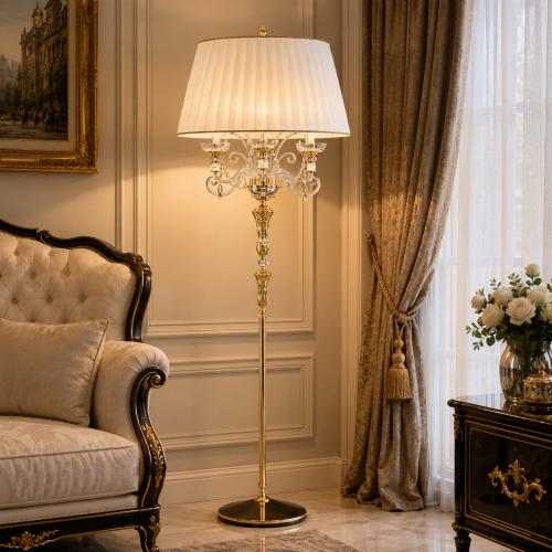 Luxury Crystal Floor Lamp with Fabric Shade – Elegant Gold Standing Lamp by Luxury Group International
