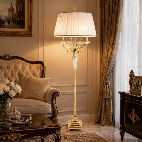Luxury Crystal Floor Lamp with Pleated Shade – Premium Gold Stand Lamp by Luxury Group International
