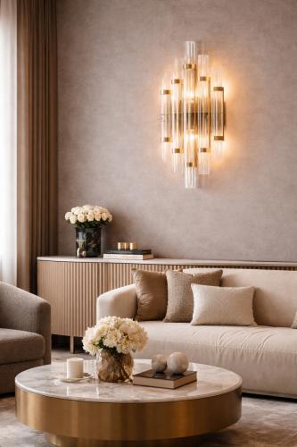 Luxury Crystal Glass Rod Designer Wall Lamp with Golden Frame Modern Decorative Light Lifestyle View by Luxury Group International