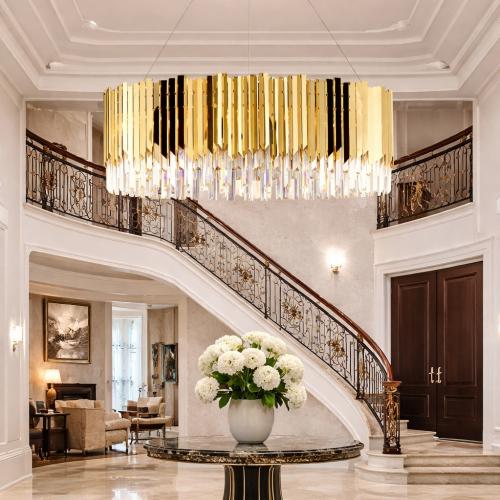 Luxury Crystal Glass Rod Round Chandelier in Gold – Modern Tiered Design Lifestyle View by Luxury Group International