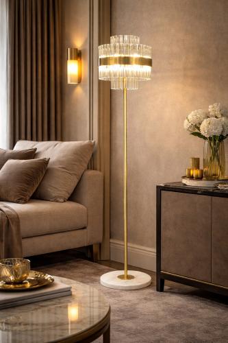 Luxury Crystal Glass Rod Shade Art Deco Floor Lamp with Golden Rod and White Marble Base Lifestyle View by Luxury Group International