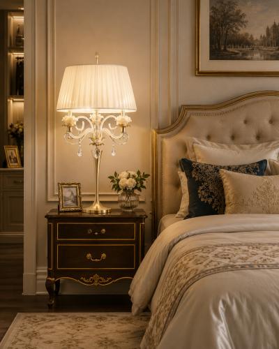 Luxus Kristall-Tischlampe mit floralen Details & elfenbeinfarbenem Stoffschirm im traditionellen Stil von Luxury Group International