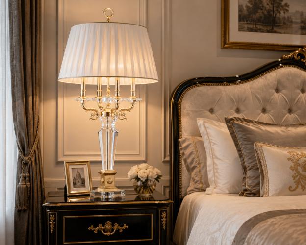 Luxus Kristall-Tischlampe mit Plisseeschirm – Elegante goldene dekorative Tischleuchte von Luxury Group International