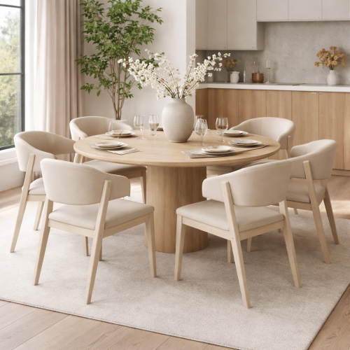 Luxury Curved Back Upholstered Dining Armchair in Warm Sand with Matching Wooden Frame by Luxury Group International
