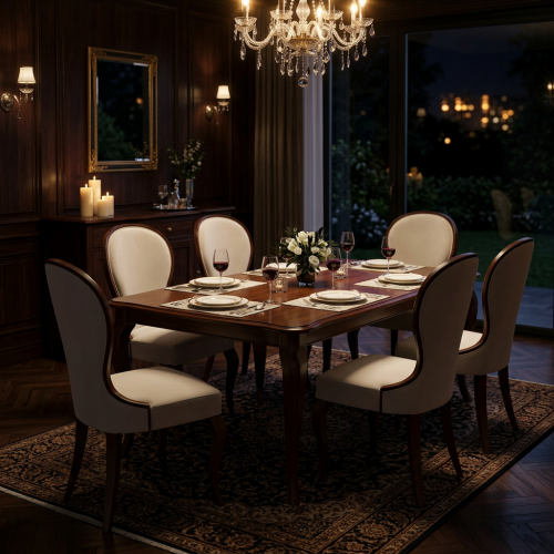 Luxury Curved Back Upholstered Dining Chair in Cream Fabric with Walnut Wooden Legs Lifestyle View by Luxury Group International