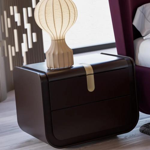 Luxury Dark Brown Curved Wooden Nightstand with Gold Accent Handle and Drawer by Luxury Group International