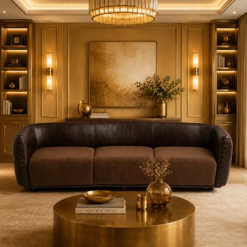 Divano di Lusso in Pelle Marrone Scuro con Design Curvo Contemporaneo da Salotto di Luxury Group International