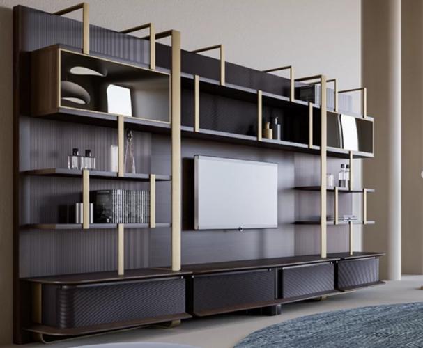 Luxury Dark Brown Wooden TV Unit with Modern Wall Shelving and Gold Frame Accents by Luxury Group International