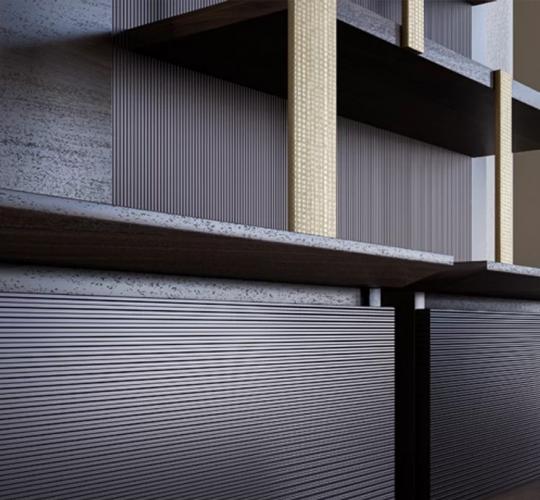 Luxury Dark Brown Wooden TV Unit with Modern Wall Shelving and Gold Frame Accents by Luxury Group International