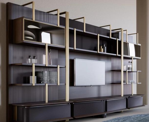 Luxury Dark Brown Wooden TV Unit with Modern Wall Shelving and Gold Frame Accents by Luxury Group International