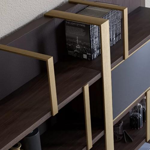 Luxury Dark Brown Wooden TV Unit with Modern Wall Shelving and Gold Frame Accents by Luxury Group International