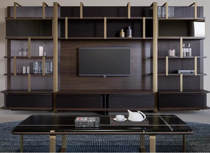 Luxury Dark Brown Wooden TV Unit with Modern Wall Shelving and Gold Frame Accents by Luxury Group International