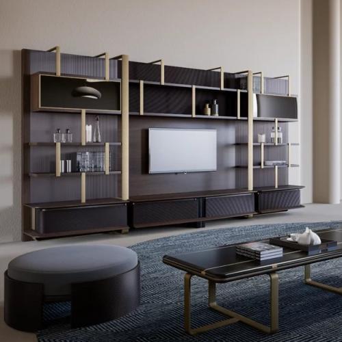 Luxury Dark Brown Wooden TV Unit with Modern Wall Shelving and Gold Frame Accents by Luxury Group International