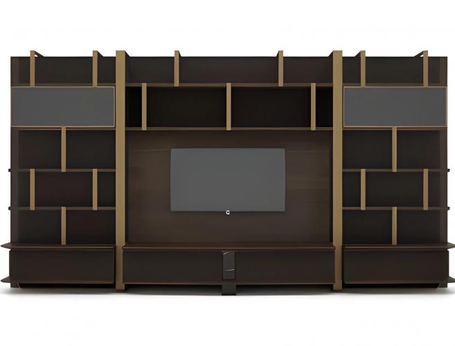 Luxury Dark Brown Wooden TV Unit with Modern Wall Shelving and Gold Frame Accents by Luxury Group International