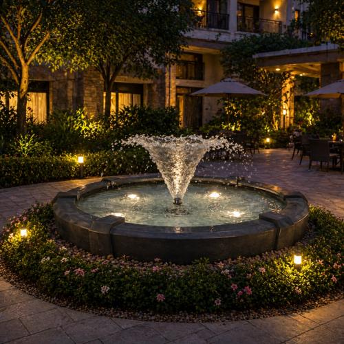 Fuente Barroca Circular de Piedra Oscura de Lujo con Efecto de Agua en Vórtice - Fuente Barroca Vista lifestyle por Luxury Group International