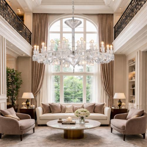 Luxury decorative chandelier in Clear metal with Faceted crystal drops by Luxury Group International