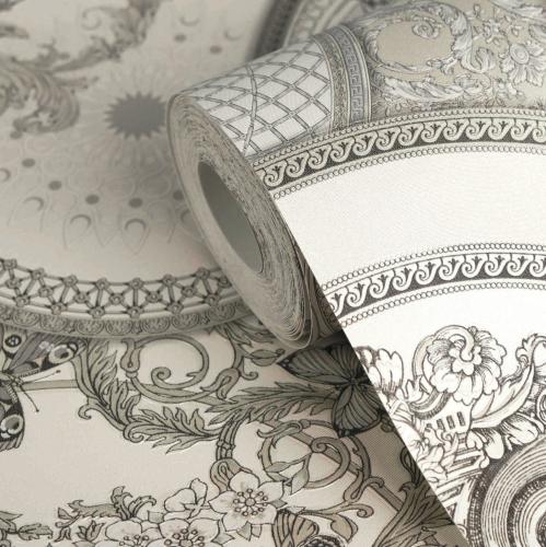 Versace Decorative Plates Baroque Designer Wallpaper in Grey Cream by Luxury Group International