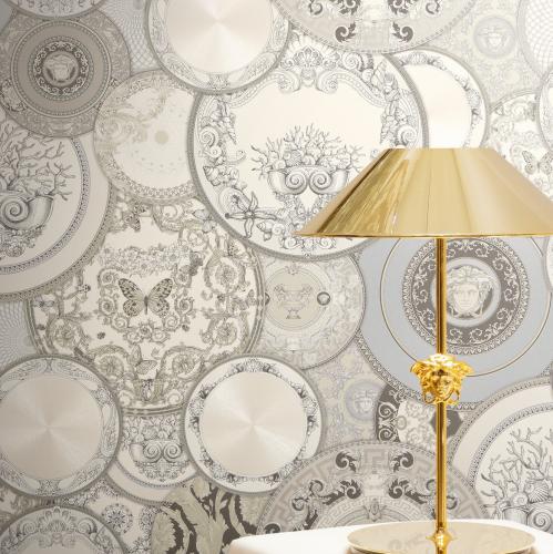 Versace Decorative Plates Baroque Designer Wallpaper in Grey Cream by Luxury Group International