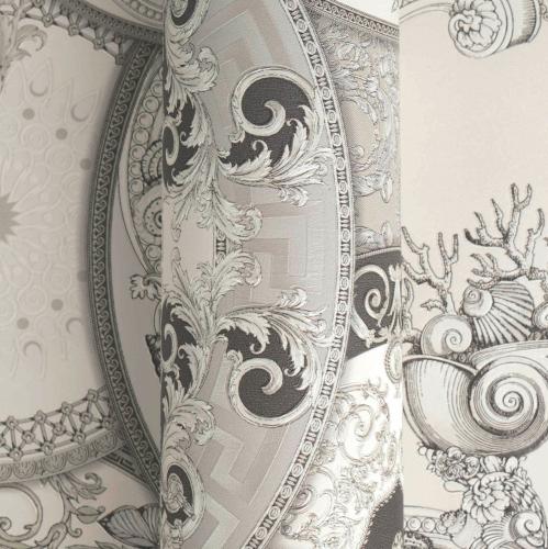 Versace Decorative Plates Baroque Designer Wallpaper in Grey Cream by Luxury Group International