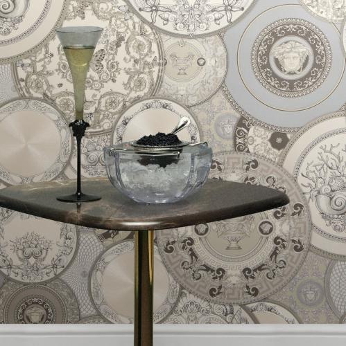 Versace Decorative Plates Baroque Designer Wallpaper in Grey Cream by Luxury Group International