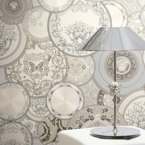 Luxury Decorative Plates Baroque Designer Versace Wallpaper – Grey Cream Medusa Plate Wall Covering by Luxury Group International